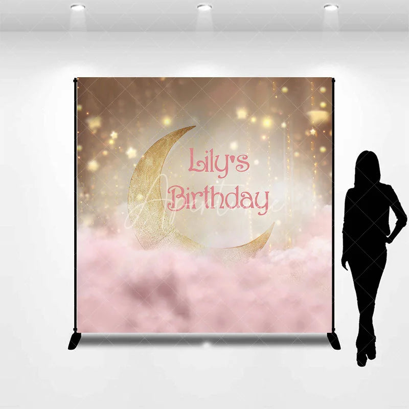 Aperturee - Aperturee Golden Crescent Moon and Pink Clouds Custom Birthday Backdrop Personalized Name Party Decor with Sparkling Stars