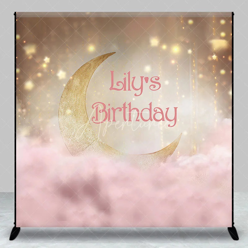 Aperturee - Aperturee Golden Crescent Moon and Pink Clouds Custom Birthday Backdrop Personalized Name Party Decor with Sparkling Stars