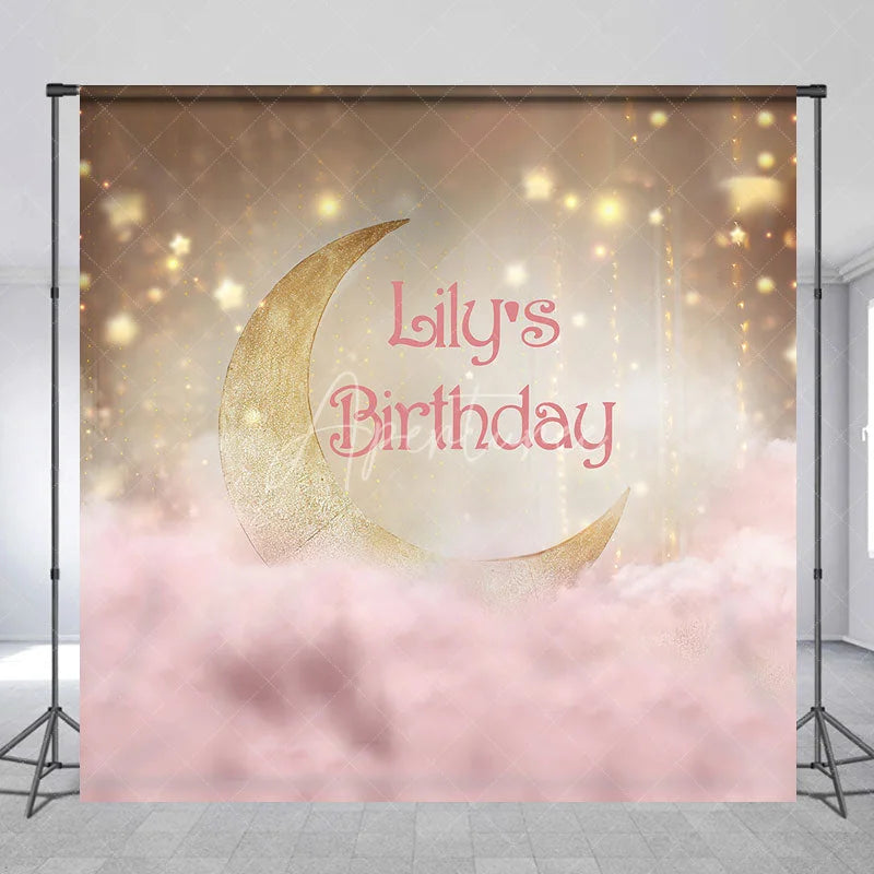 Aperturee - Aperturee Golden Crescent Moon and Pink Clouds Custom Birthday Backdrop Personalized Name Party Decor with Sparkling Stars