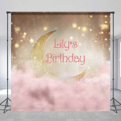 Aperturee - Aperturee Golden Crescent Moon and Pink Clouds Custom Birthday Backdrop Personalized Name Party Decor with Sparkling Stars