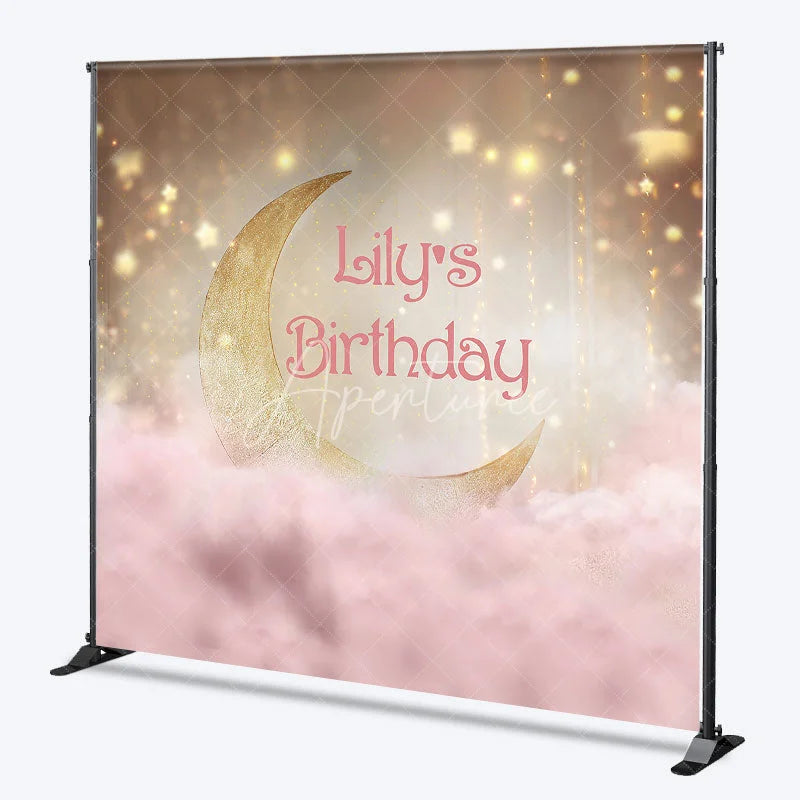 Aperturee - Aperturee Golden Crescent Moon and Pink Clouds Custom Birthday Backdrop Personalized Name Party Decor with Sparkling Stars