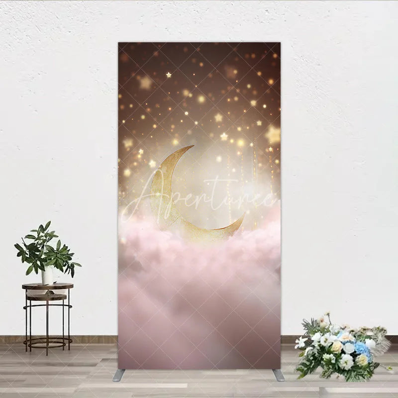 Aperturee - Aperturee Golden Crescent Moon and Sparkling Stars Rectangle Arch Backdrop Dreamy Pink Clouds Baby Shower Decor