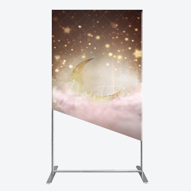 Aperturee - Aperturee Golden Crescent Moon and Sparkling Stars Rectangle Arch Backdrop Dreamy Pink Clouds Baby Shower Decor