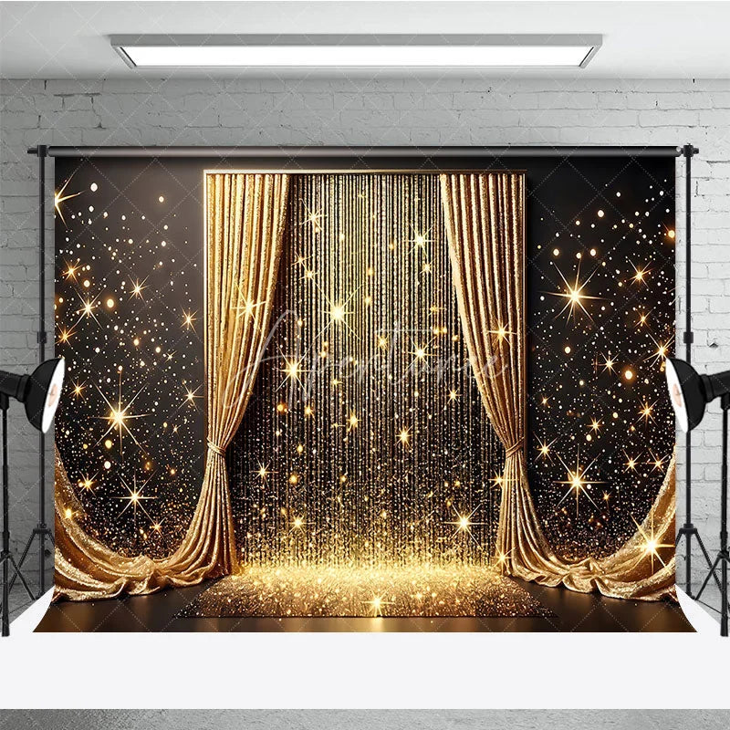 Aperturee - Aperturee Golden Curtains and Sparkling Glitter Photography Backdrop Elegant Starburst Celebration Party Decor