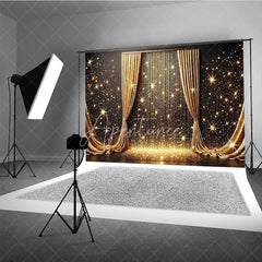 Aperturee - Aperturee Golden Curtains and Sparkling Glitter Photography Backdrop Elegant Starburst Celebration Party Decor