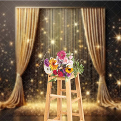 Aperturee - Aperturee Golden Curtains and Sparkling Glitter Photography Backdrop Elegant Starburst Celebration Party Decor