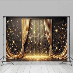 Aperturee - Aperturee Golden Curtains and Sparkling Glitter Photography Backdrop Elegant Starburst Celebration Party Decor