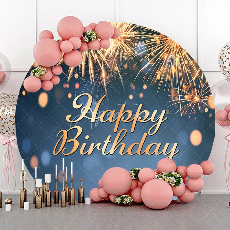 Aperturee - Aperturee Golden Fireworks and Bokeh Lights Happy Birthday Round Backdrop Elegant Celebration Decor