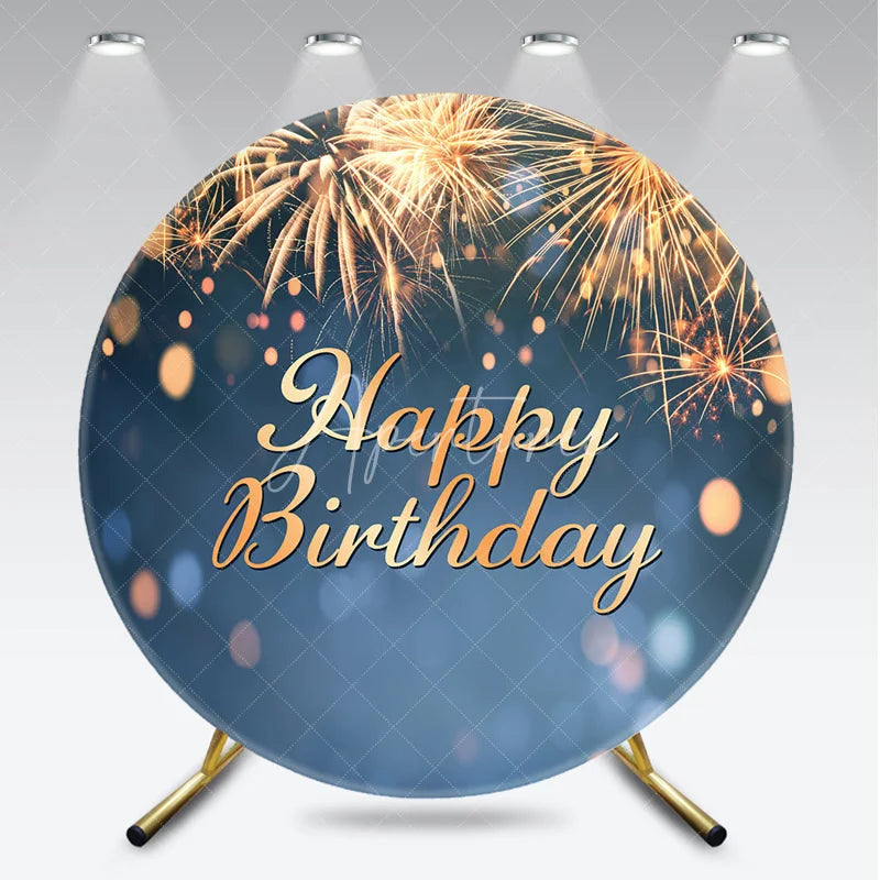 Aperturee - Aperturee Golden Fireworks and Bokeh Lights Happy Birthday Round Backdrop Elegant Celebration Decor