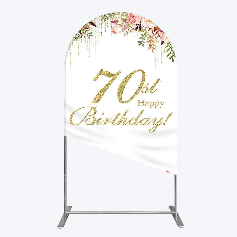 Aperturee - Aperturee Golden Glitter 70th Happy Birthday Round Top Arch Backdrop Pink Floral Watercolor Design