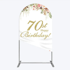 Aperturee - Aperturee Golden Glitter 70th Happy Birthday Round Top Arch Backdrop Pink Floral Watercolor Design