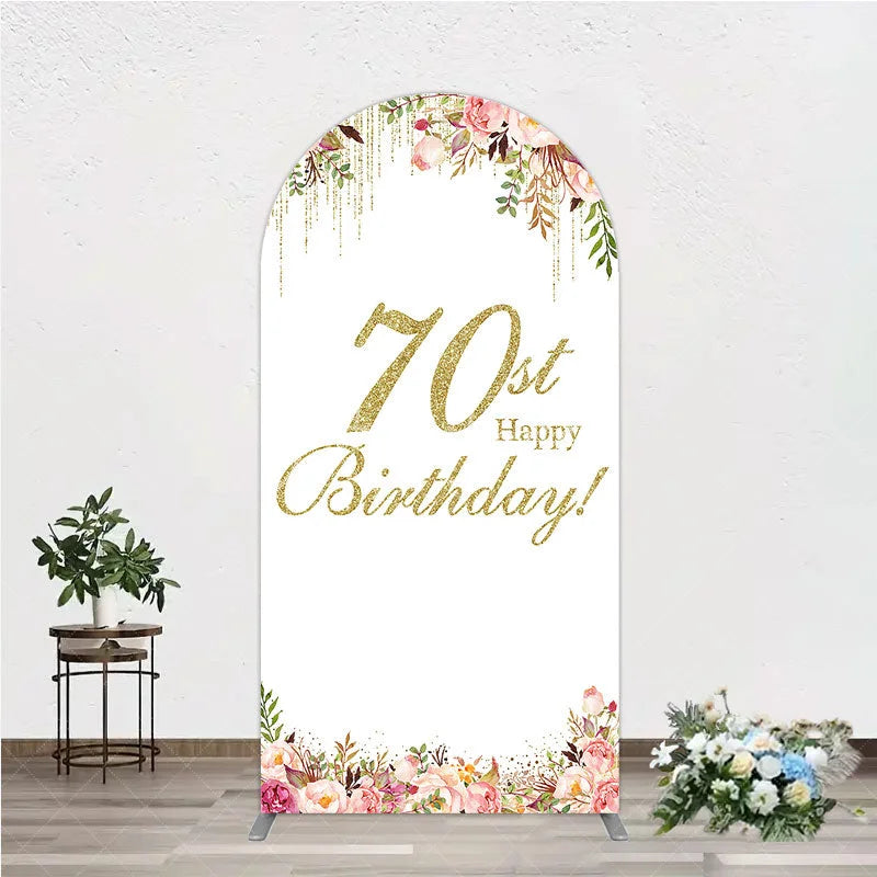 Aperturee - Aperturee Golden Glitter 70th Happy Birthday Round Top Arch Backdrop Pink Floral Watercolor Design