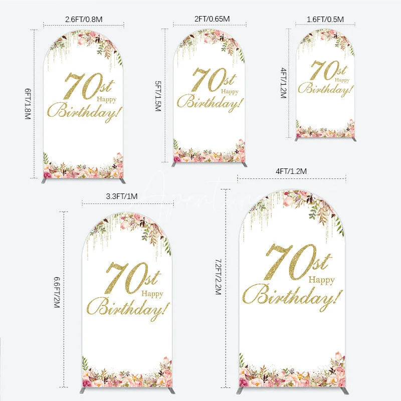 Aperturee - Aperturee Golden Glitter 70th Happy Birthday Round Top Arch Backdrop Pink Floral Watercolor Design