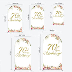 Aperturee - Aperturee Golden Glitter 70th Happy Birthday Round Top Arch Backdrop Pink Floral Watercolor Design
