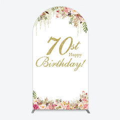Aperturee - Aperturee Golden Glitter 70th Happy Birthday Round Top Arch Backdrop Pink Floral Watercolor Design