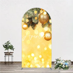 Aperturee - Aperturee Golden Glitter Christmas Ornaments and Fir Branches Round Top Arch Backdrop Festive Holiday Party Decor