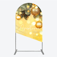 Aperturee - Aperturee Golden Glitter Christmas Ornaments and Fir Branches Round Top Arch Backdrop Festive Holiday Party Decor