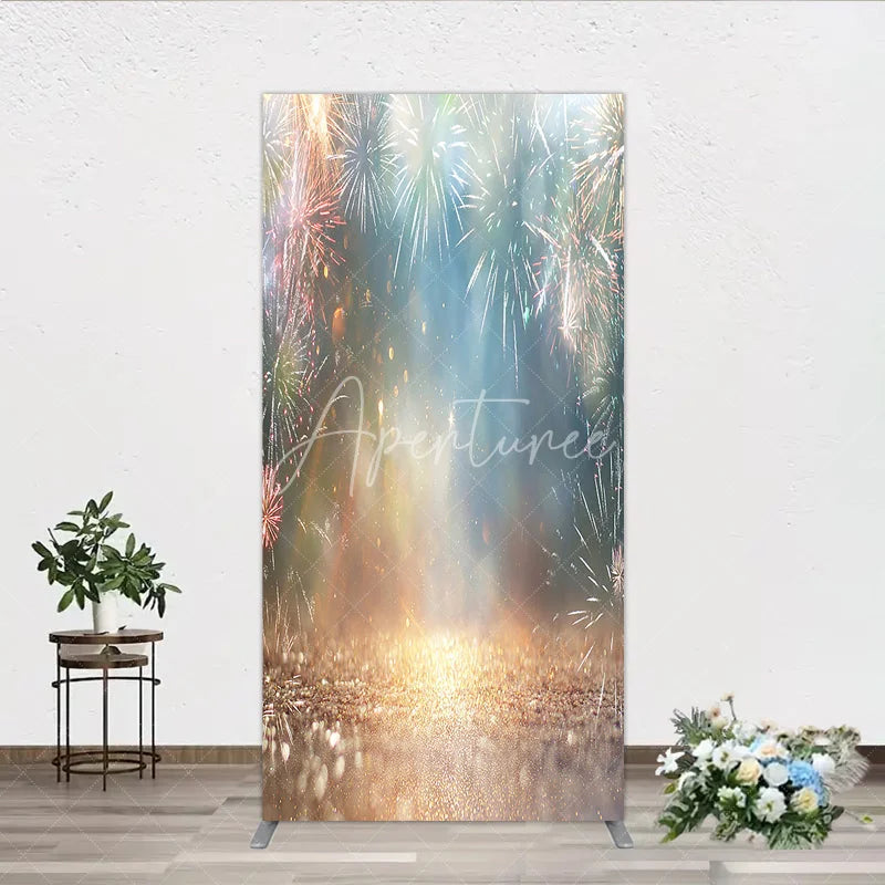 Aperturee - Aperturee Golden Glitter Floor and Sparkling Celebration Light Bursts Rectangle Arch Backdrop Festive Party Decor