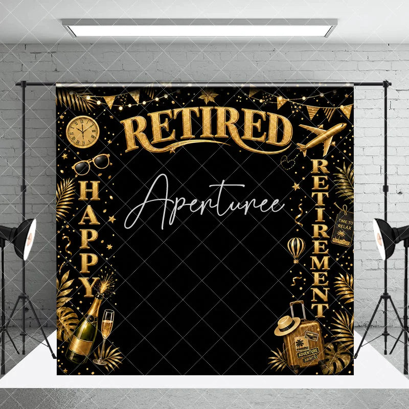Aperturee - Aperturee Golden Glitter Happy Retirement Celebration Party Holiday Backdrop with Travel Elements and Champagne