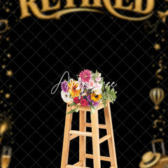Aperturee - Aperturee Golden Glitter Happy Retirement Celebration Party Holiday Backdrop with Travel Elements and Champagne