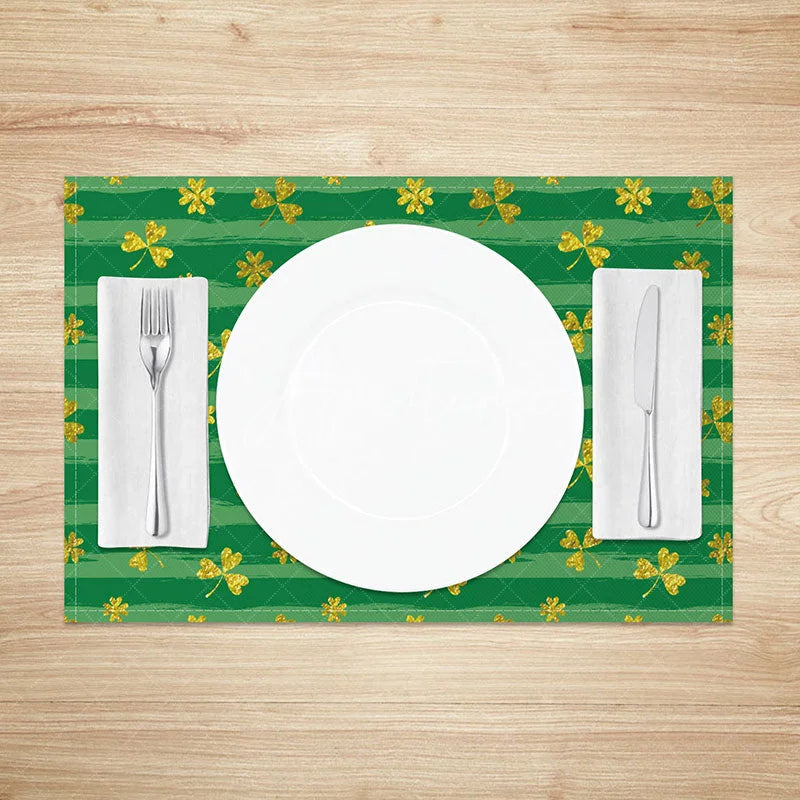 Aperturee - Aperturee Golden Glitter Shamrock Set of 4 Placemats Green Striped St. Patricks Day Lucky Clover Table Mats