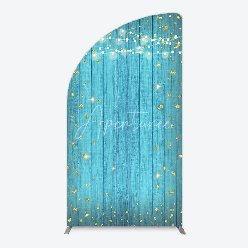 Aperturee - Aperturee Golden Glitter String Lights Teal Wooden Half Moon Arch Backdrop Festive Party Celebration Decor