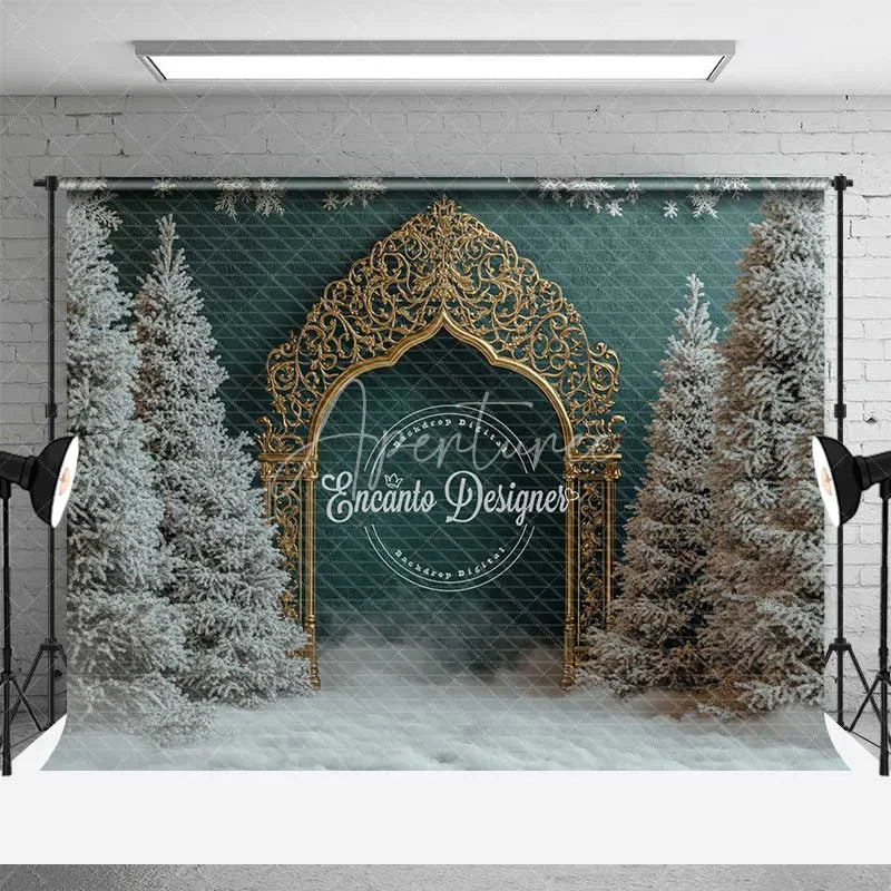 Aperturee - Aperturee Golden Gothic Arch Christmas Backdrop Snowy Forest Green Wall Photography Background
