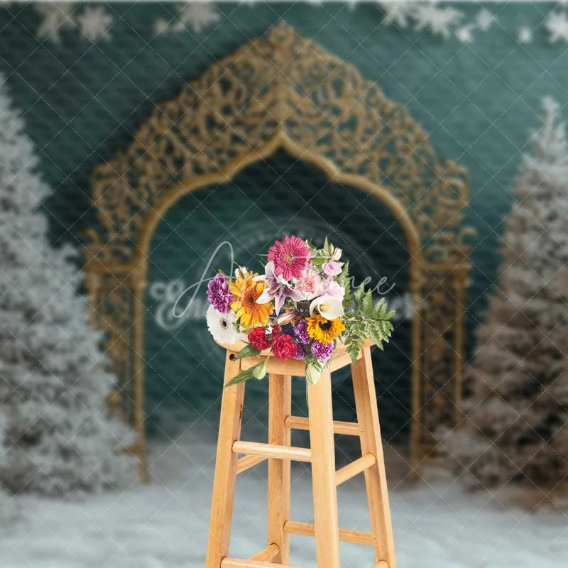 Aperturee - Aperturee Golden Gothic Arch Christmas Backdrop Snowy Forest Green Wall Photography Background