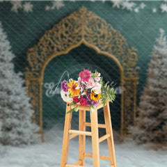Aperturee - Aperturee Golden Gothic Arch Christmas Backdrop Snowy Forest Green Wall Photography Background