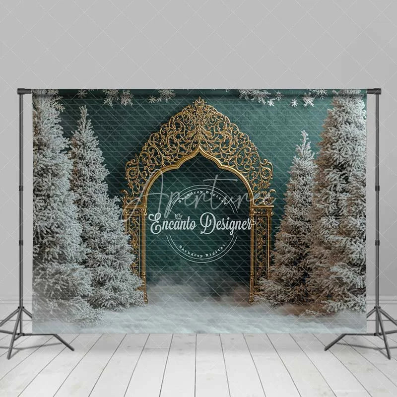 Aperturee - Aperturee Golden Gothic Arch Christmas Backdrop Snowy Forest Green Wall Photography Background