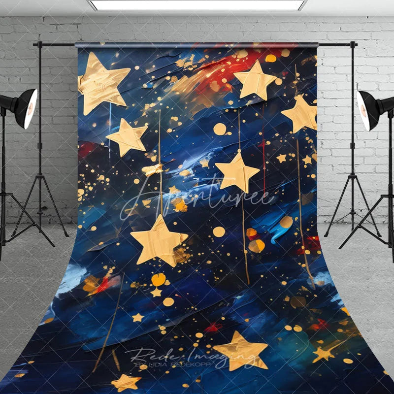 Aperturee - Aperturee Golden Hanging Stars on Navy Blue Sweep Backdrop Celestial Night Party Decor for Kids Artistic Oil Painting Style