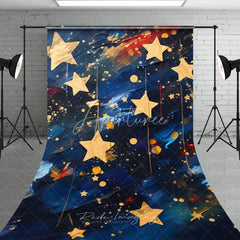 Aperturee - Aperturee Golden Hanging Stars on Navy Blue Sweep Backdrop Celestial Night Party Decor for Kids Artistic Oil Painting Style
