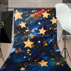 Aperturee - Aperturee Golden Hanging Stars on Navy Blue Sweep Backdrop Celestial Night Party Decor for Kids Artistic Oil Painting Style