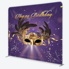 Aperturee - Aperturee Golden Masquerade Mask with Black Feathers Happy Birthday Square Double-Sided Backdrop Elegant Purple Gold Party Decor