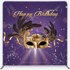 Aperturee - Aperturee Golden Masquerade Mask with Black Feathers Happy Birthday Square Double-Sided Backdrop Elegant Purple Gold Party Decor