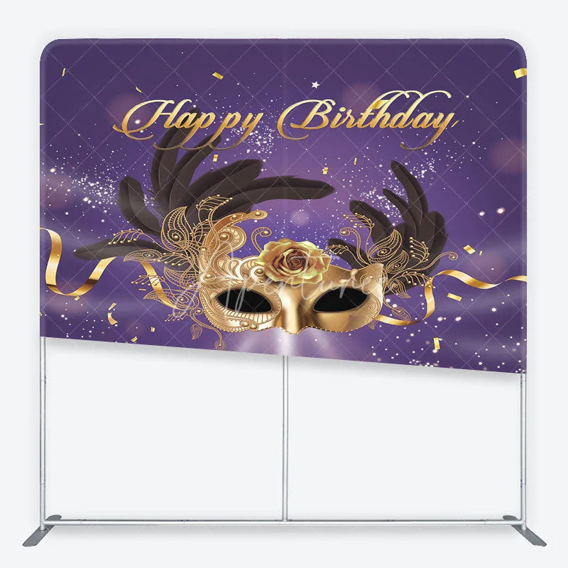 Aperturee - Aperturee Golden Masquerade Mask with Black Feathers Happy Birthday Square Double-Sided Backdrop Elegant Purple Gold Party Decor