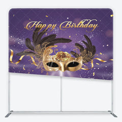 Aperturee - Aperturee Golden Masquerade Mask with Black Feathers Happy Birthday Square Double-Sided Backdrop Elegant Purple Gold Party Decor