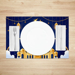 Aperturee - Aperturee Golden Mosque Night Set of 4 Placemats Starry Sky with Moon and Lanterns Ramadan Eid Mubarak Table Mats