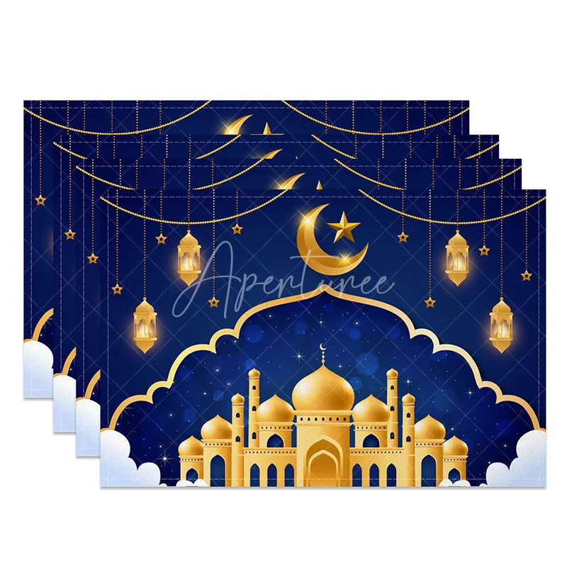 Aperturee - Aperturee Golden Mosque Night Set of 4 Placemats Starry Sky with Moon and Lanterns Ramadan Eid Mubarak Table Mats