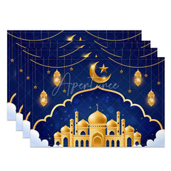 Aperturee - Aperturee Golden Mosque Night Set of 4 Placemats Starry Sky with Moon and Lanterns Ramadan Eid Mubarak Table Mats