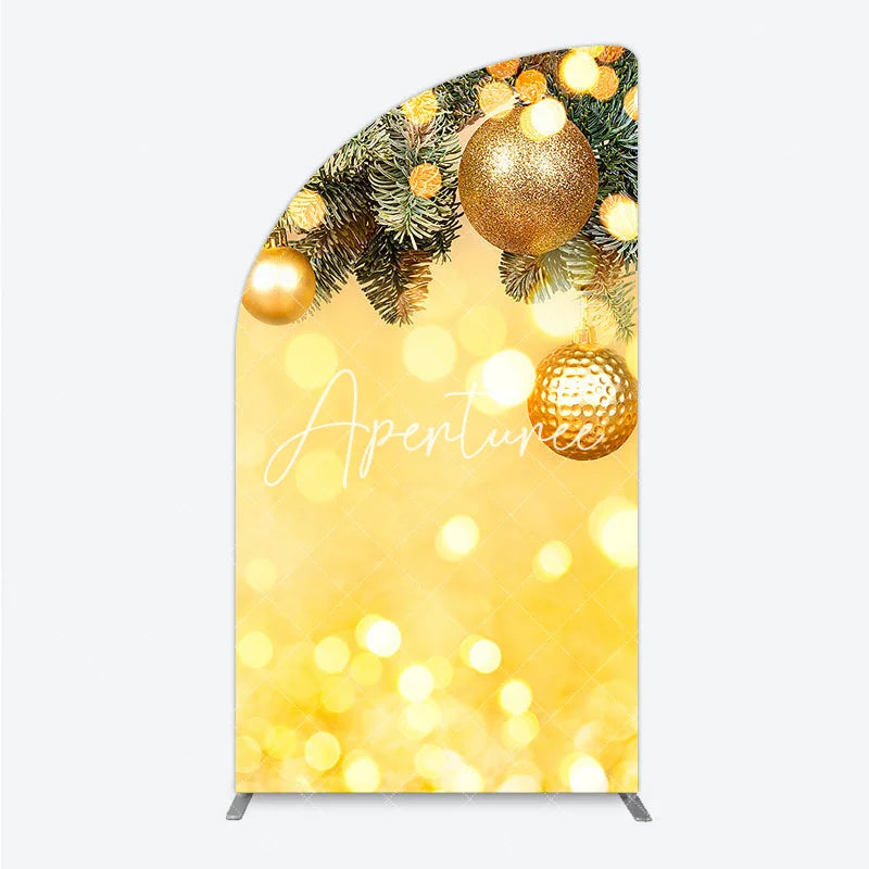 Aperturee - Aperturee Golden Pine Branches with Glitter Ornaments Half Moon Arch Backdrop Warm Bokeh Lights Holiday Party Decor