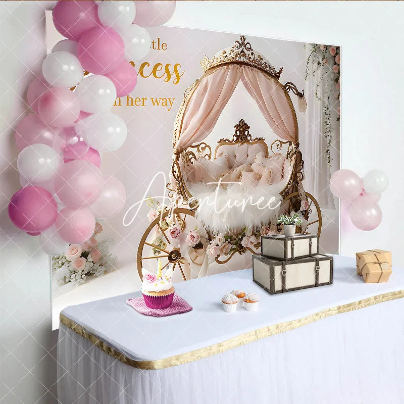 Aperturee - Aperturee Golden Princess Carriage Pink Floral Baby Shower Backdrop A Little Princess Is On Her Way Quote Photography