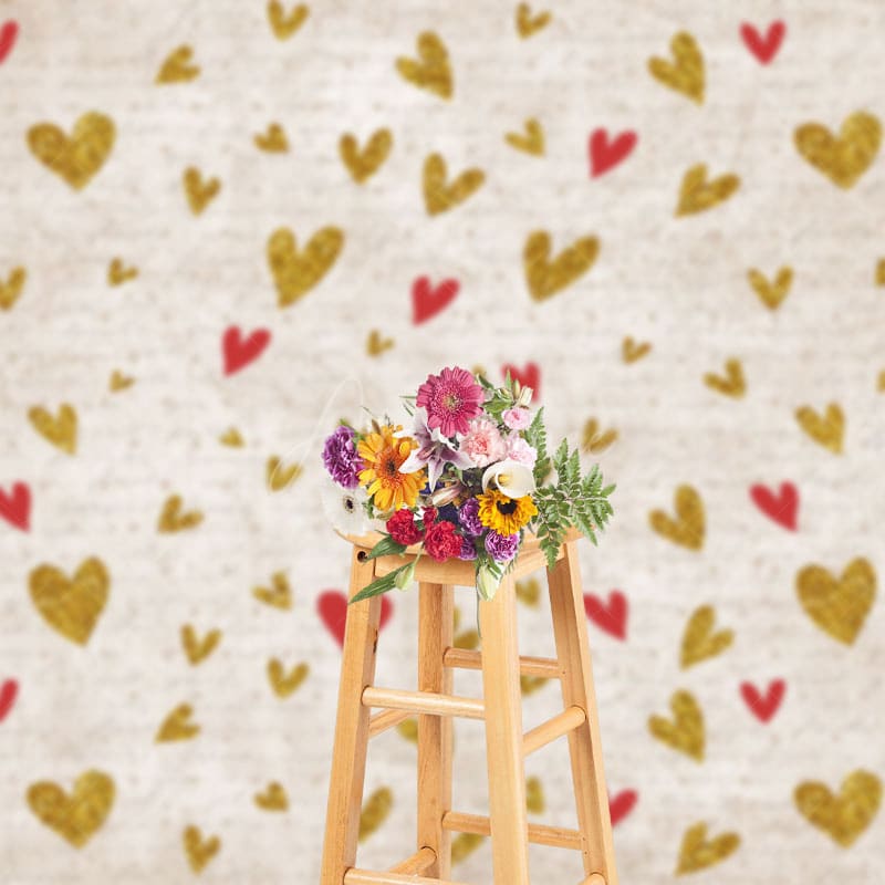 Aperturee - Aperturee Golden Red Heart Pattern Valentines Day Backdrop