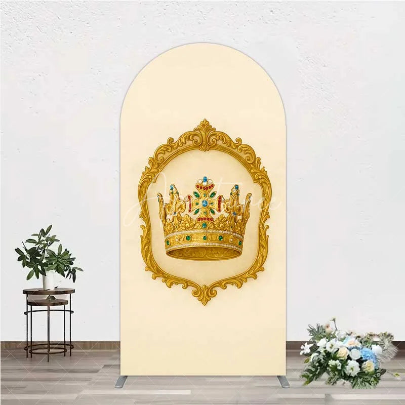 Aperturee - Aperturee Golden Royal Crown Arch Backdrop Ornate Jeweled King and Queen Birthday Party Decoration