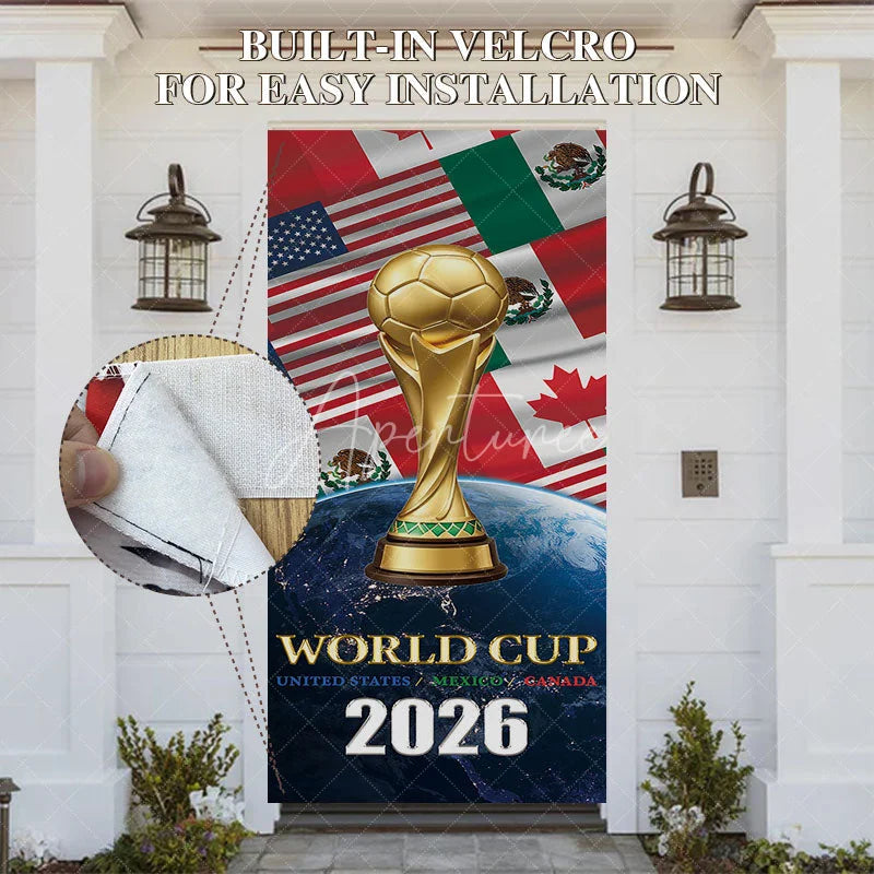 Aperturee - Aperturee Golden Soccer Trophy and Ball International Football Event 2026 Door Cover featuring USA Mexico Canada Flags