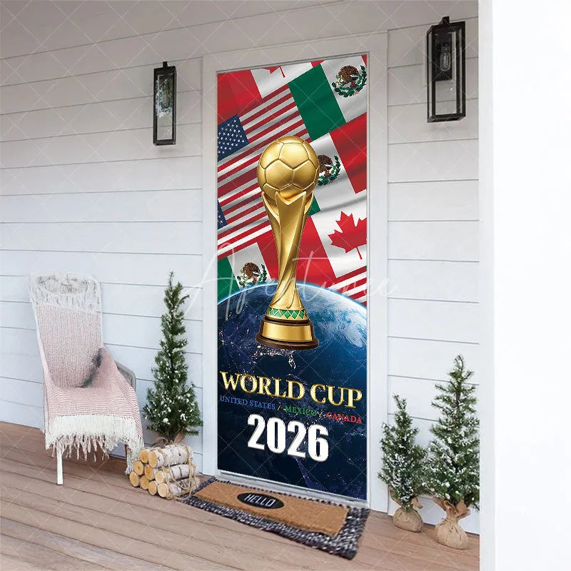 Aperturee - Aperturee Golden Soccer Trophy and Ball International Football Event 2026 Door Cover featuring USA Mexico Canada Flags