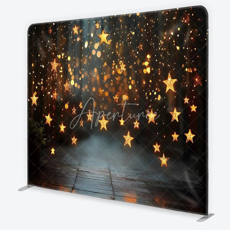 Aperturee - Aperturee Golden Star String Lights and Bokeh Square Double-Sided Backdrop Festive Holiday Party Decor