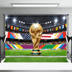 Aperturee - Aperturee Golden Victory Trophy Soccer Stadium Holiday Backdrop with International Flags Festive Celebration Decor