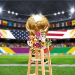 Aperturee - Aperturee Golden Victory Trophy Soccer Stadium Holiday Backdrop with International Flags Festive Celebration Decor