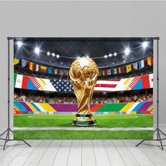 Aperturee - Aperturee Golden Victory Trophy Soccer Stadium Holiday Backdrop with International Flags Festive Celebration Decor